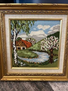 Handmade Green Landscape Cross-Stitch Wall Art